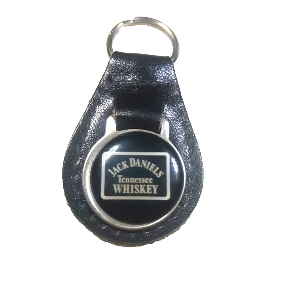 Jack Daniels Whiskey Leather Keychain Black Silver Tone